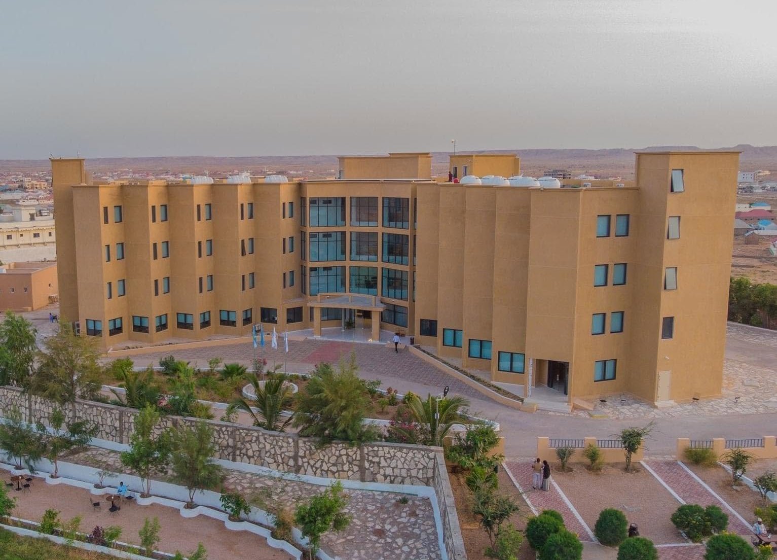 Aerial view of the Martisoor Hotel and its gardens, Garowe